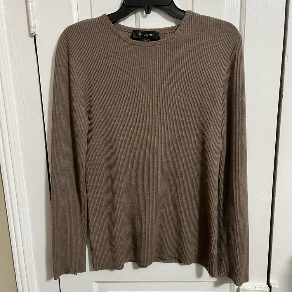 St. John Taupe Brown Zipper Detail Sweater 100% Wool Medium M2
